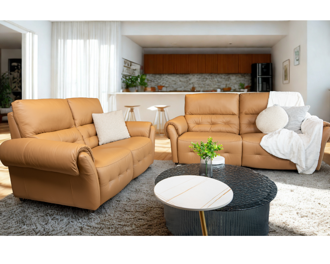 Callum Half Leather 3 Seater Recliner Sofa & 2 Seater Stationary Sofa (Camel, Beige)