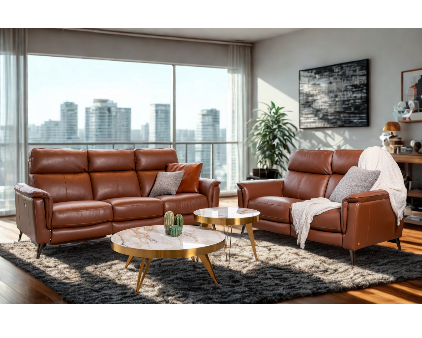 Luca 3-Seater & 2-Seater Half Leather Recliner Sofa (Brandy, Brown ...