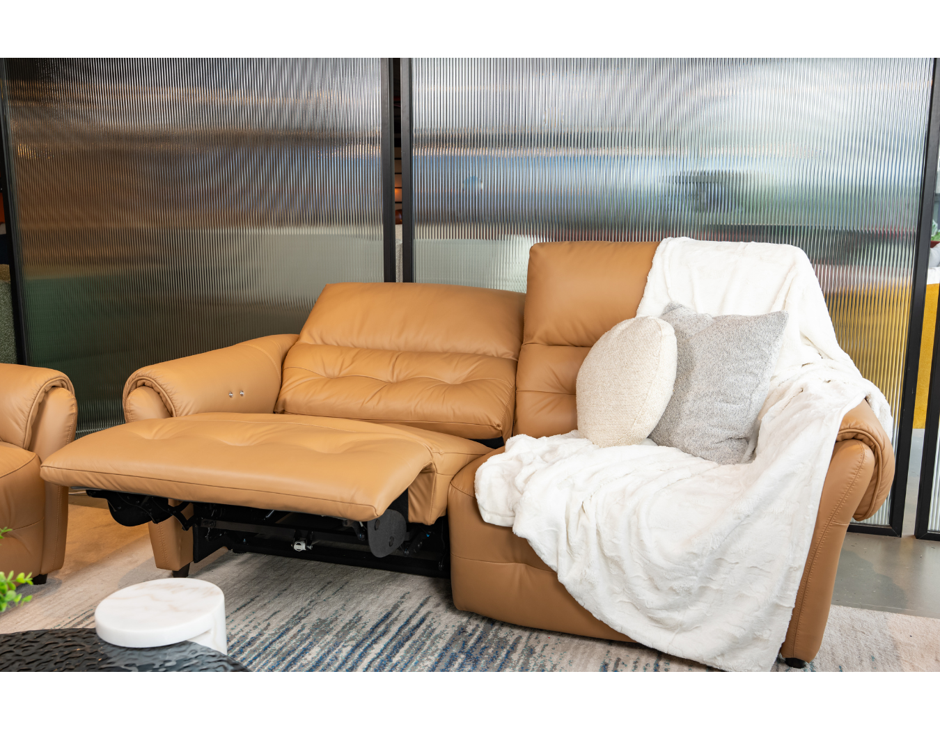 Callum Half Leather 3 Seater Recliner Sofa & 2 Seater Stationary Sofa (Camel, Beige)