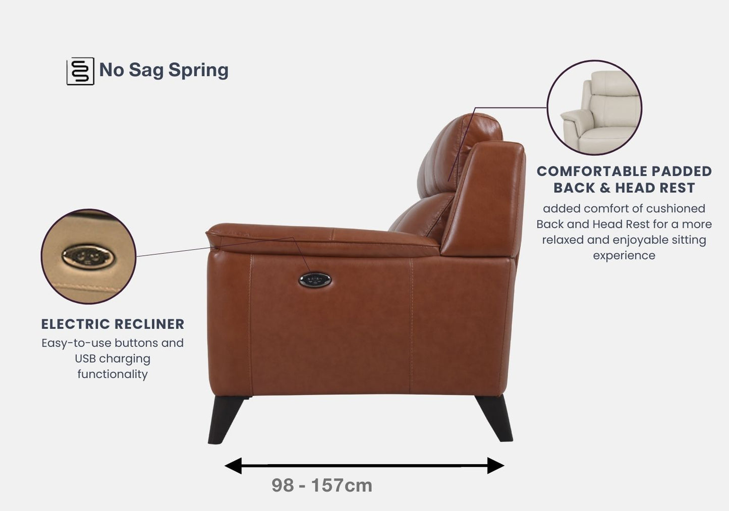 Symphony 2-Seater Half Leather Sofa With Recliner (Brandy, Brown)