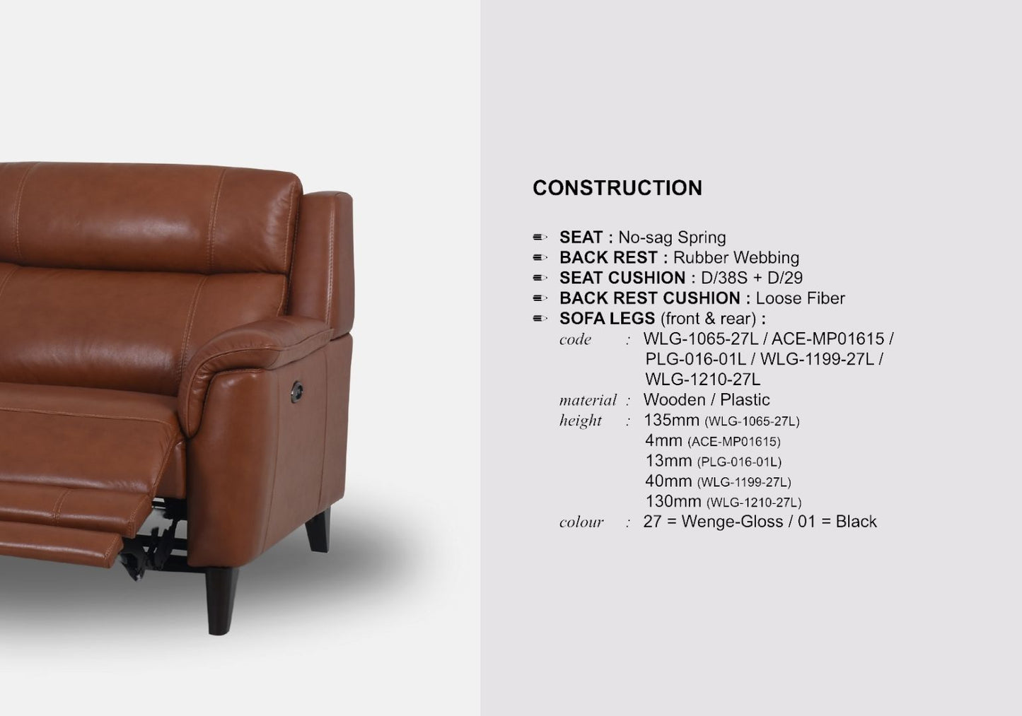 Symphony 2-Seater Half Leather Sofa With Recliner (Brandy, Brown)