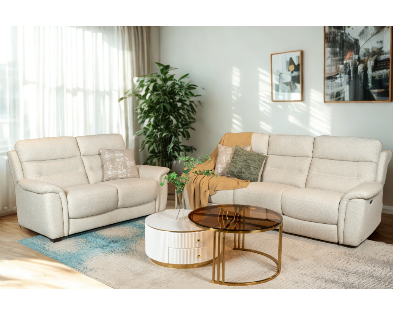Maxwell 3 Seater Recliner Sofa & 2 Seater Stationary Sofa (Natural, Beige)