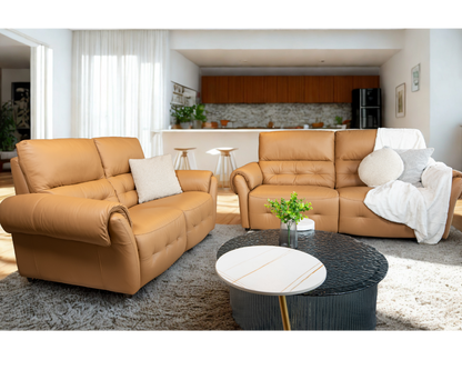 Callum Half Leather 3 Seater Recliner Sofa & 2 Seater Stationary Sofa (Camel, Beige)