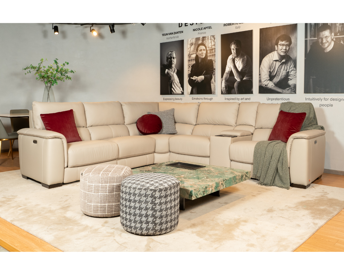 Otis Corner Half Leather Recliner Sofa with Centre Console (Oatmeal, Grey)