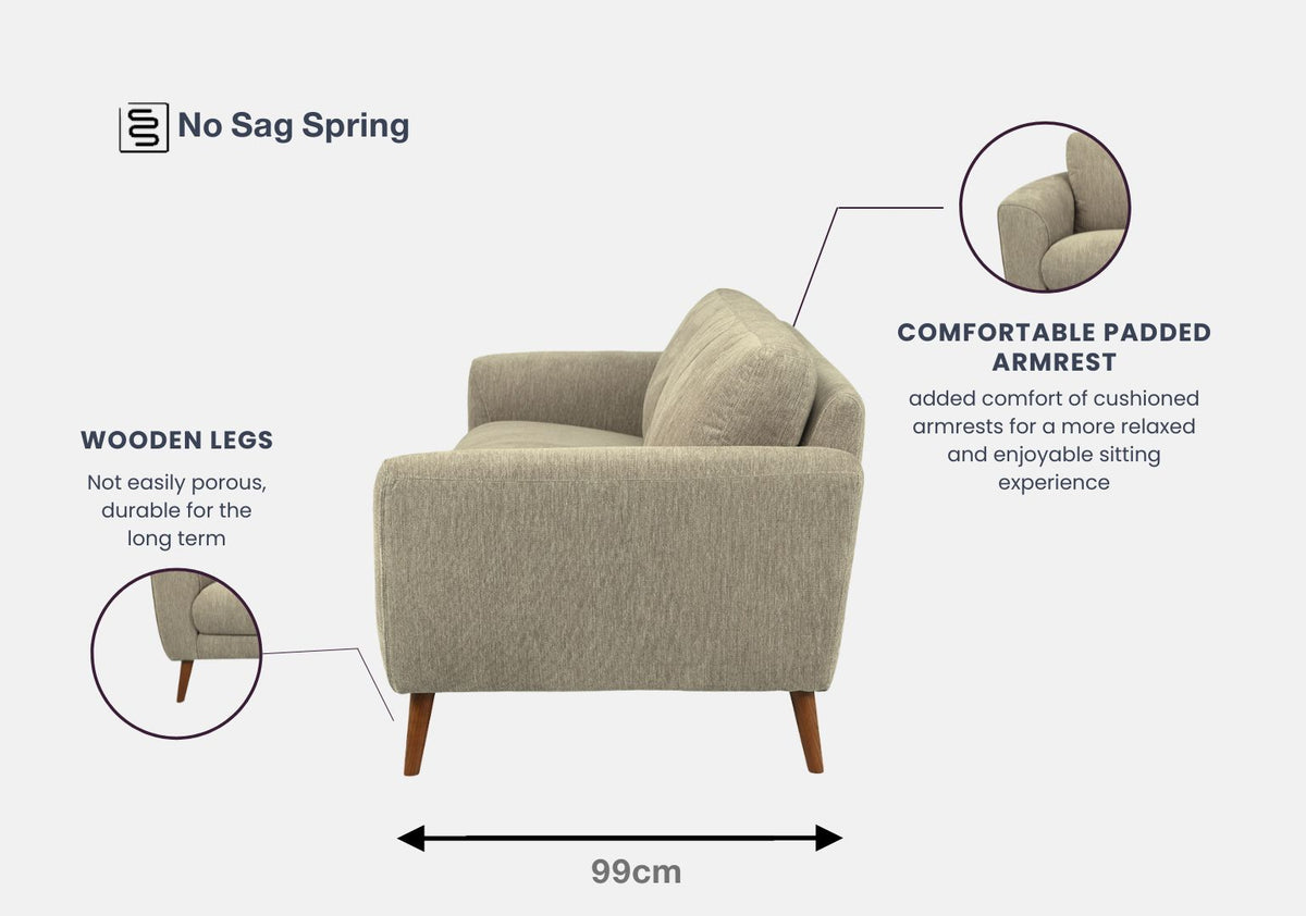 Porto 3 Seater Fabric Sofa (Beige, Cream)