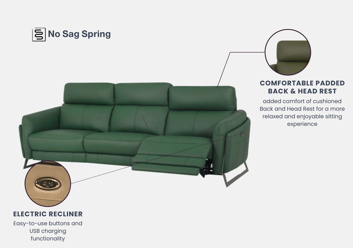 Ski 3-Seater Half Leather Sofa With Recliner (Chive Green, Green)