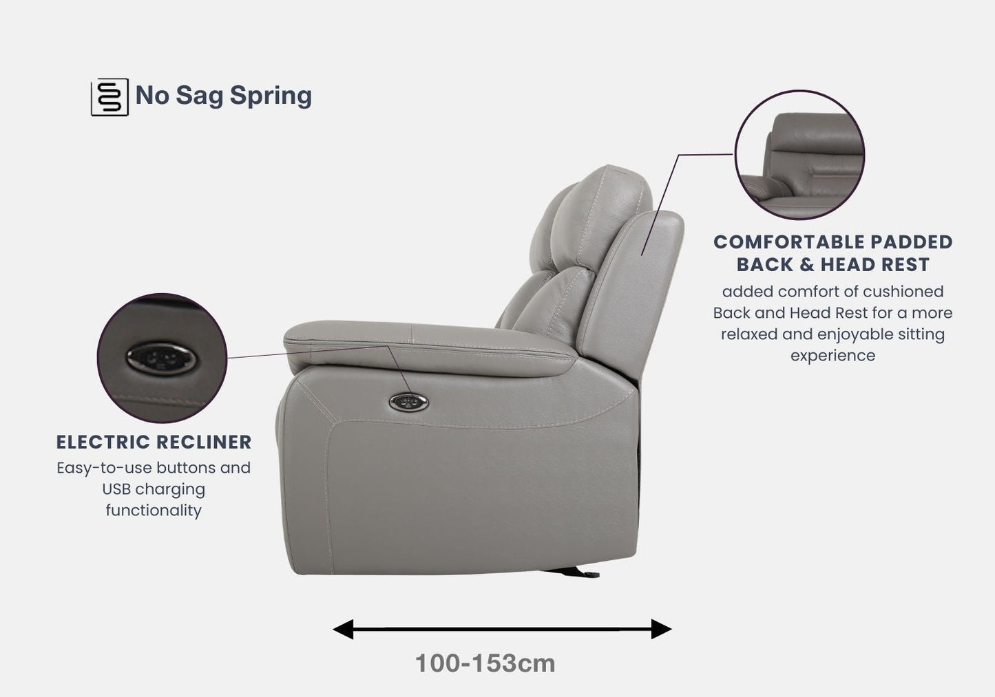 Zenith 3 Seater & 2 Seater Half-Leather Recliner Sofa (Elephant, Grey)