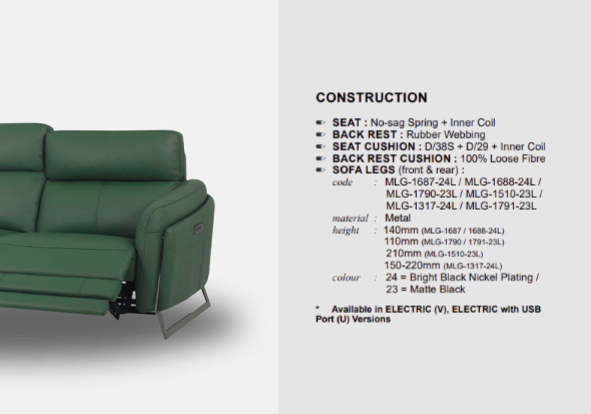 Ski 3-Seater Half Leather Sofa With Recliner (Chive Green, Green)