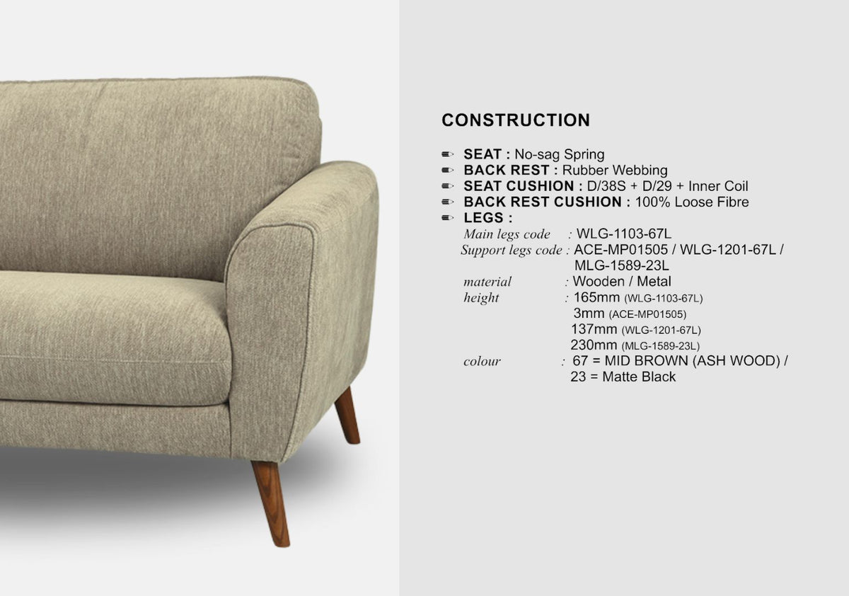 Porto 3 Seater Fabric Sofa (Beige, Cream)
