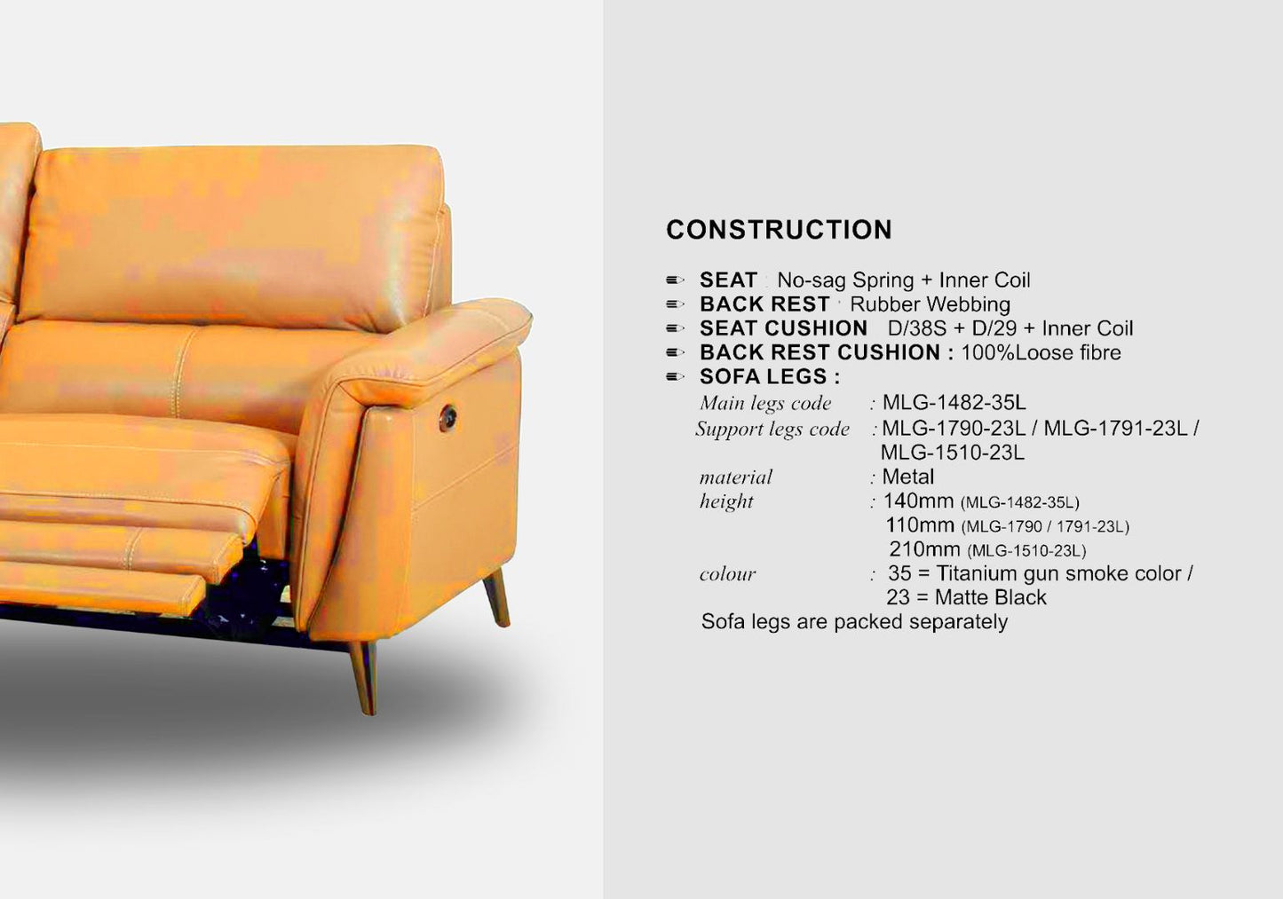 Forli 3-Seater Leather Sofa With Recliner (Honey Yellow, Yellow)