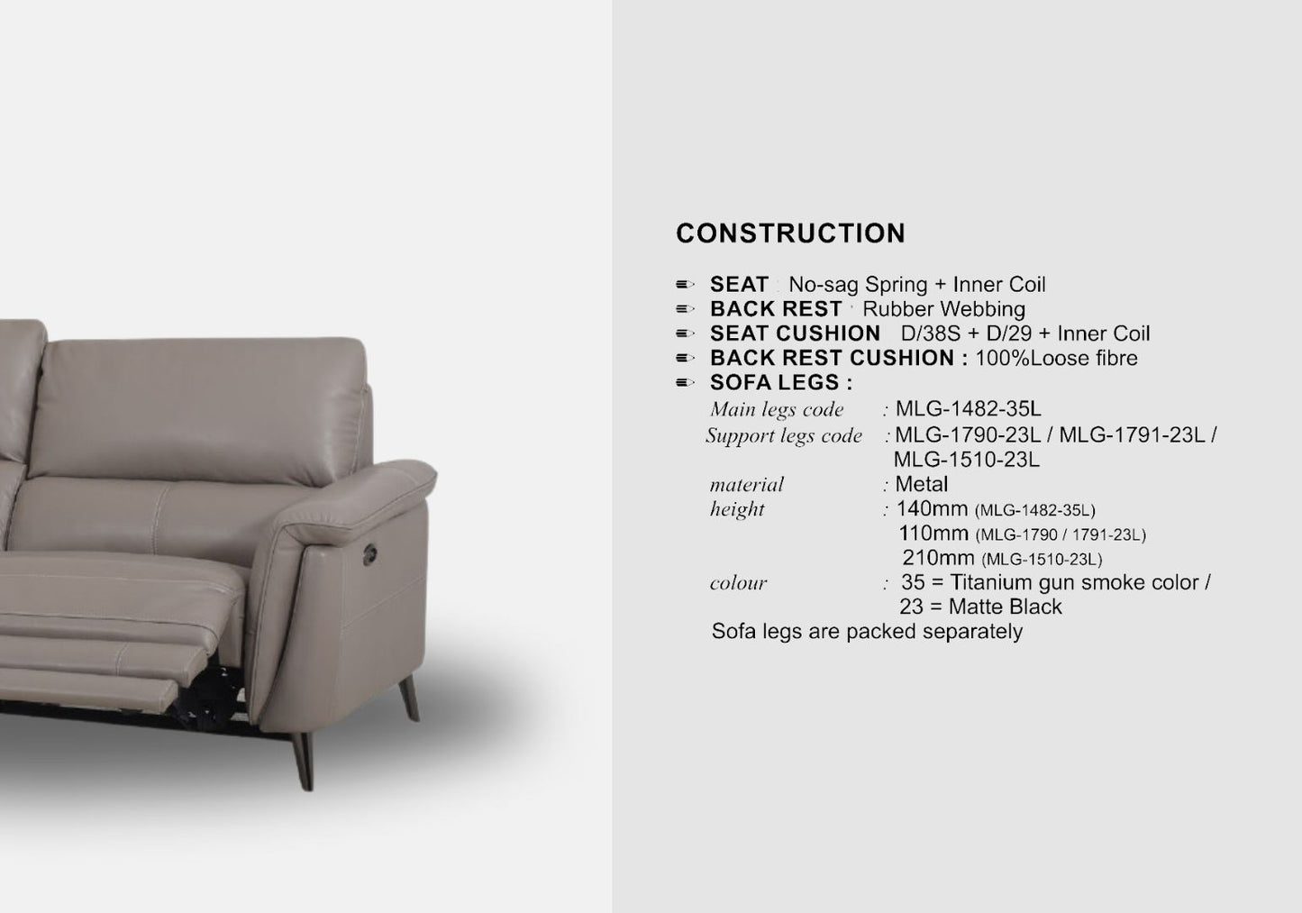 Forli 2-Seater Half Leather Sofa With Recliner (Taupe, Grey)