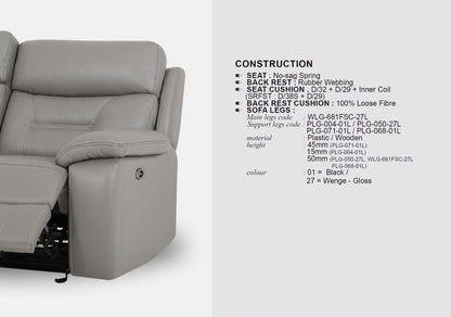 Zenith 3 Seater & 2 Seater Half-Leather Recliner Sofa (Elephant, Grey)