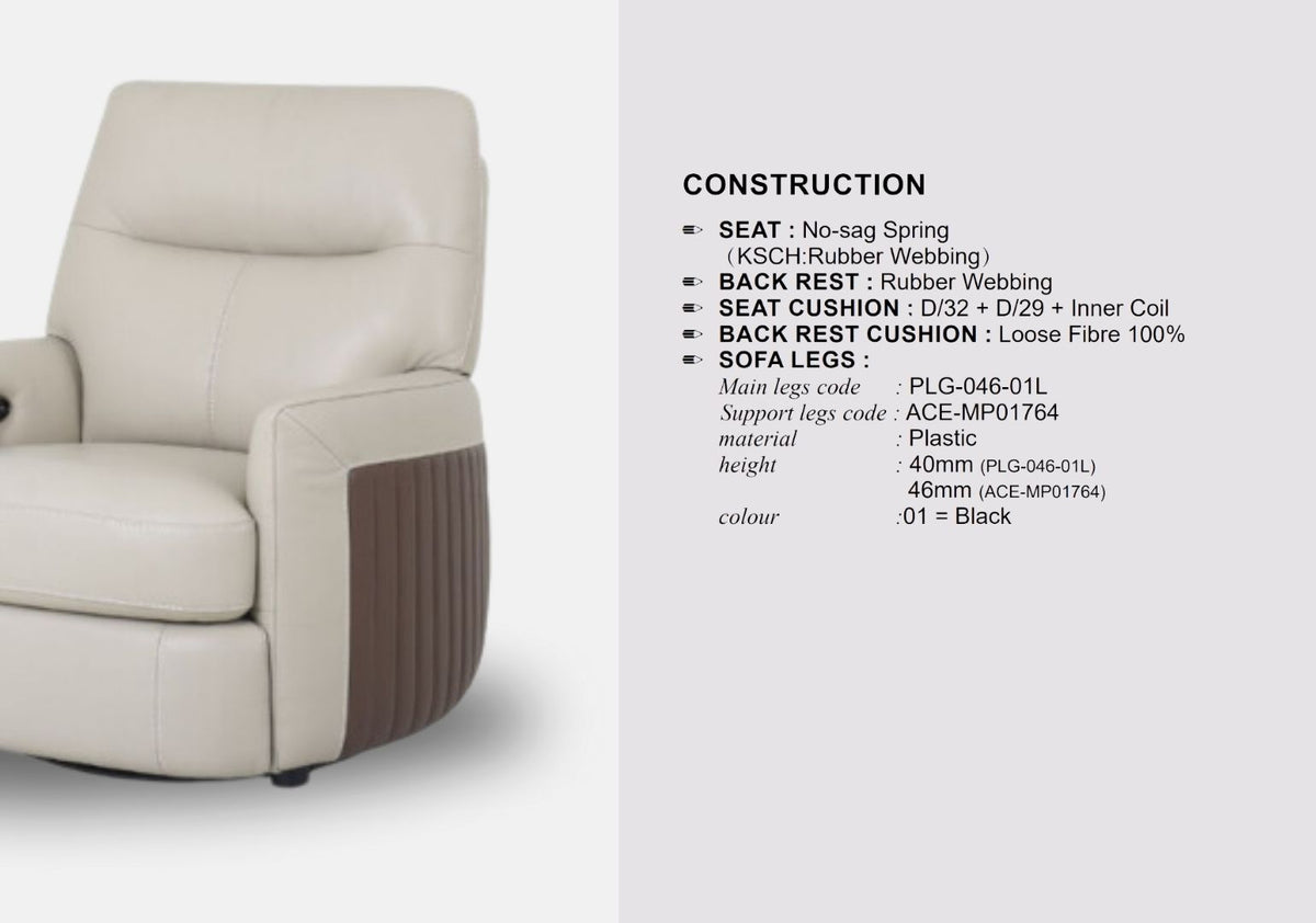 Pyton Dual Tone Leather Sofa With Recliner (Silver Grey, Grey)